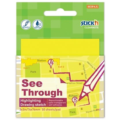 Stick'N Clearnote Yellow 76X76mm 50 Sheets Transparent