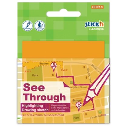 Stick'N Clearnote Orange 76X76mm 50 Sheets Transparent