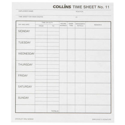 Collins Wage Time Sheets No.11 187X220Mm 100 Leaf