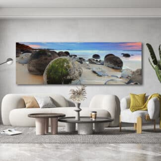 Moeraki Boulders cloudy sunrise Framed Canvas Art 60"x20"