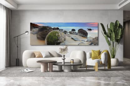 Moeraki Boulders cloudy sunrise Framed Canvas Art 60"x20"